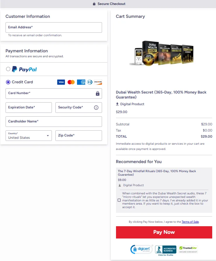 Dubai Wealth Secret checkout page screenshot