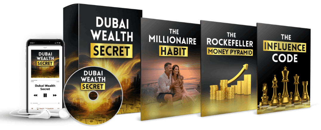 Dubai Wealth Secret offer — box, CD, phone and 3 bonus guides